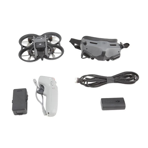 FPV drone and accessories: quadcopter, goggles, battery, and connecting cables