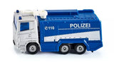 Diecast police water cannon truck with blue cab and large water tank on flatbed