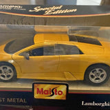 Yellow Lamborghini Murcielago diecast car model in box, Maisto label