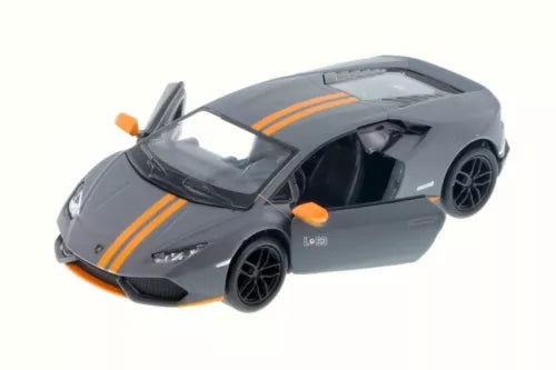 Lamborghini Huracan LP610-4 diecast toy car, grey with orange racing stripes