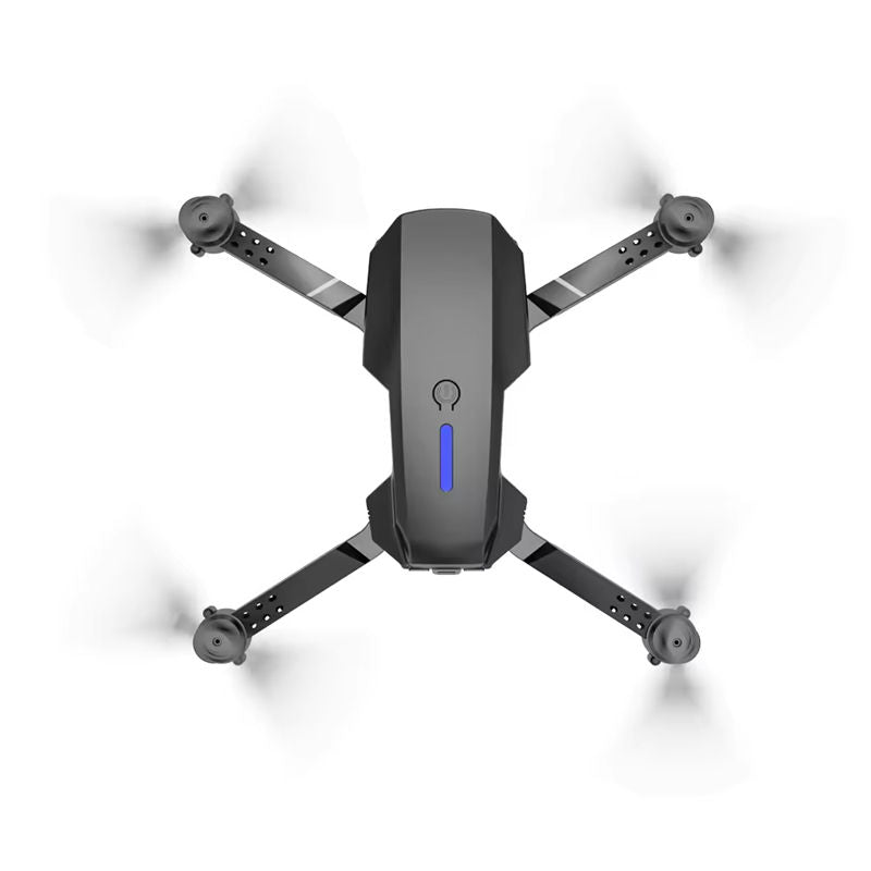 Foldable mini quadcopter drone with four propeller arms and blue LED indicator