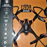 Black quadcopter drone with built-in camera and folding prop arms