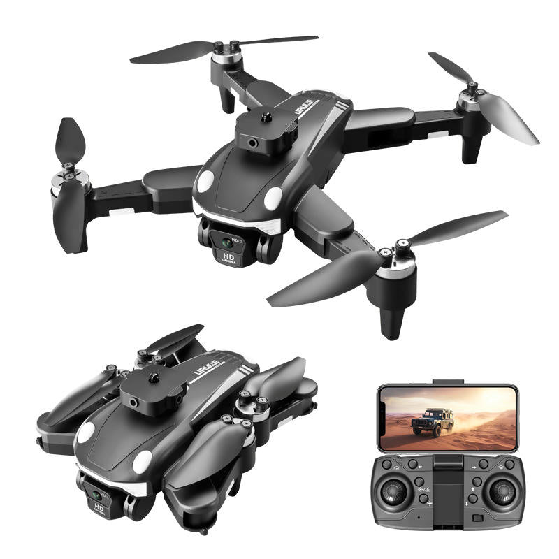 Black RC drone with dual cameras and remote controller screen
