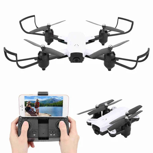 White folding GPS RC drone with four rotors, FPV camera, and handheld controller