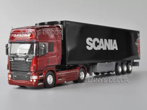 Diecast Scania 1:50 tractor truck with black container trailer, red cab and wheels