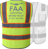 Hi-vis lime safety vest with reflective stripes and FAA certified drone pilot patch