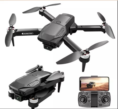 Foldable quadcopter drone kit with black body, four propellers, and remote controller