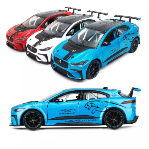 Diecast metal Jaguar I-PACE eTROPHY toy car set, blue car with wing spoiler and wheels.