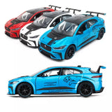 Diecast metal Jaguar I-PACE eTROPHY toy car set, blue car with wing spoiler and wheels.