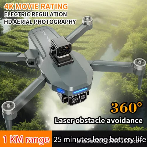 Grey quadcopter drone with front camera, LED lights, laser obstacle avoidance.
