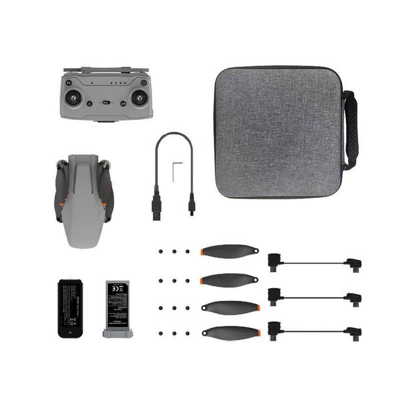 Mini drone spare parts kit: gray rotor blades, motor arms, cables, battery, pouch