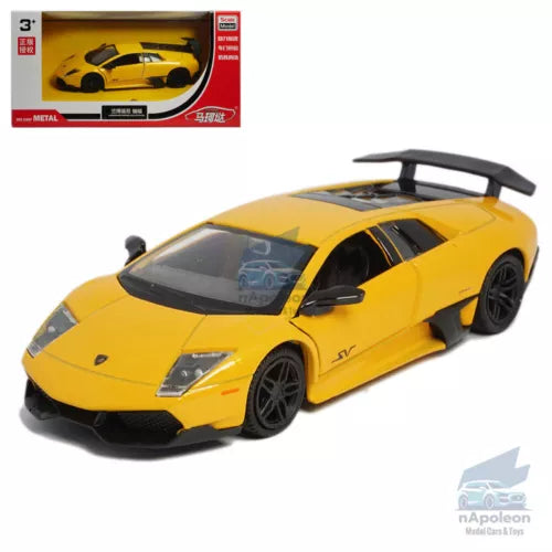 Yellow Lamborghini Murcielago LP670-4 SV diecast toy car with black wheels and vents
