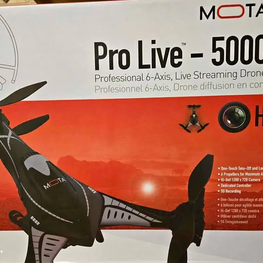 Black 6-axis live streaming drone with visible propellers and front camera lens