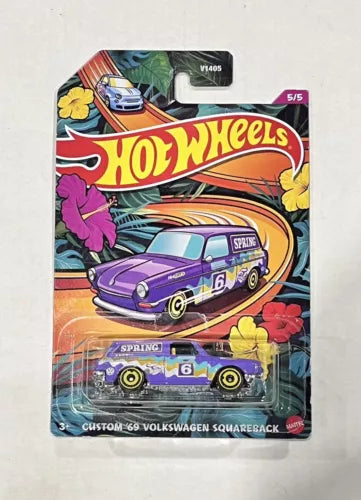 Hot Wheels custom '69 Volkswagen Squareback diecast car in purple, on blister card