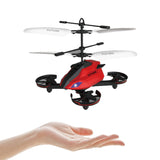 Kids quadcopter drone with red body, black arms, and white propeller blades