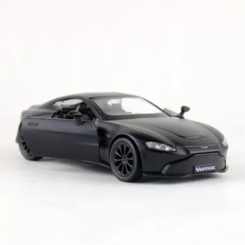 Aston Martin Vantage diecast toy car, dark black with front headlights and alloy-style wheels