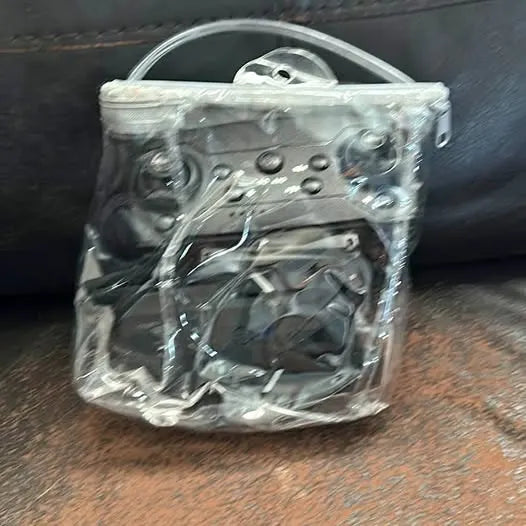 Clear rectangular tote bag with top handle and zipper closure