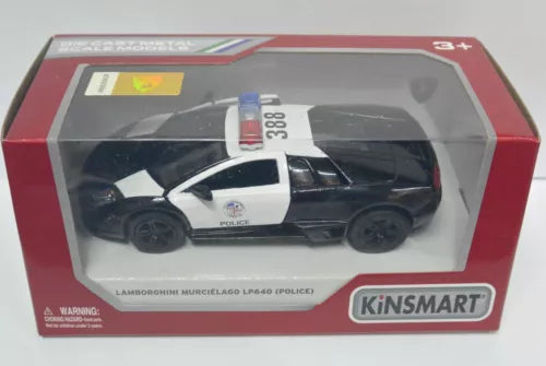 Police Lamborghini Murcielago LP640 die-cast model car, white and dark blue, in retail box