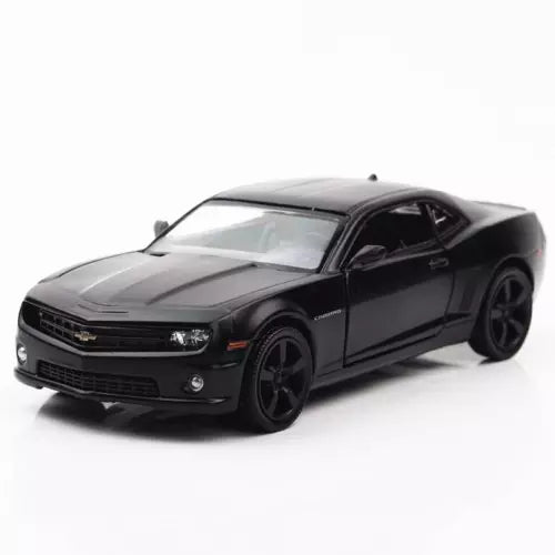 1:36 Chevrolet Camaro diecast model car toy, black front 3/4 view with headlights