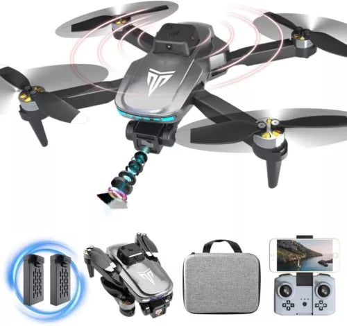 Foldable brushless camera drone with gray body, four propellers, and carrying case