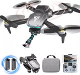 Foldable brushless camera drone with gray body, four propellers, and carrying case