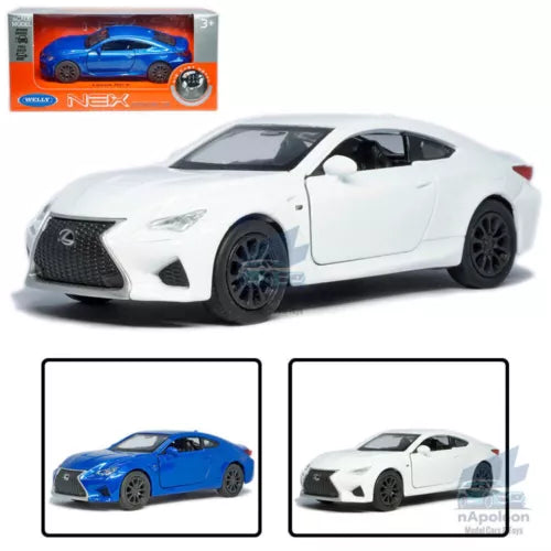 1:36 scale diecast model car, white Lexus RC F coupe with black grille and wheels