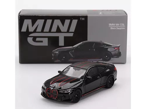 Mini GT BMW M4 CSL diecast model car, black sapphire with red racing stripes
