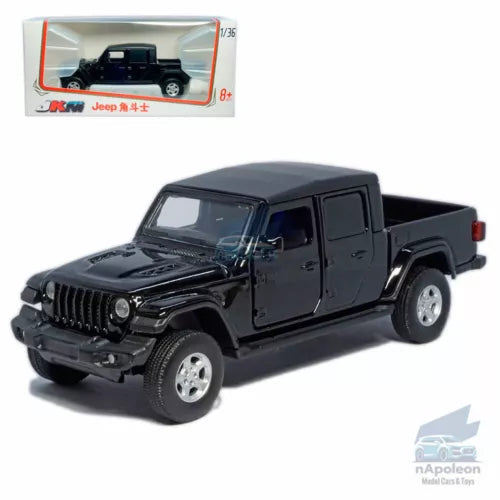 1/36 black Jeep pickup diecast model car with open grille and off-road tires