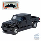 1/36 black Jeep pickup diecast model car with open grille and off-road tires