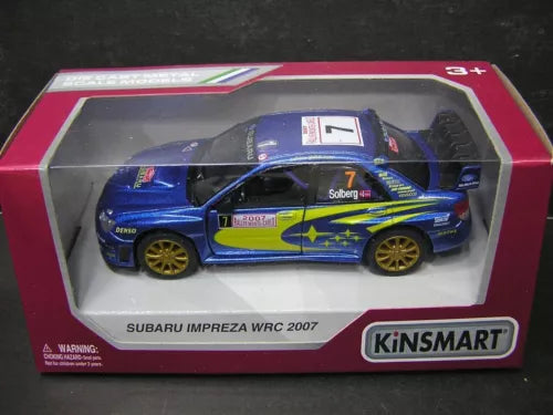 Kinsmart 1:36 die-cast Subaru Impreza WRC 2007 race car, blue with yellow graphics