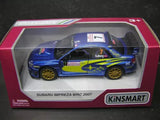Kinsmart 1:36 die-cast Subaru Impreza WRC 2007 race car, blue with yellow graphics