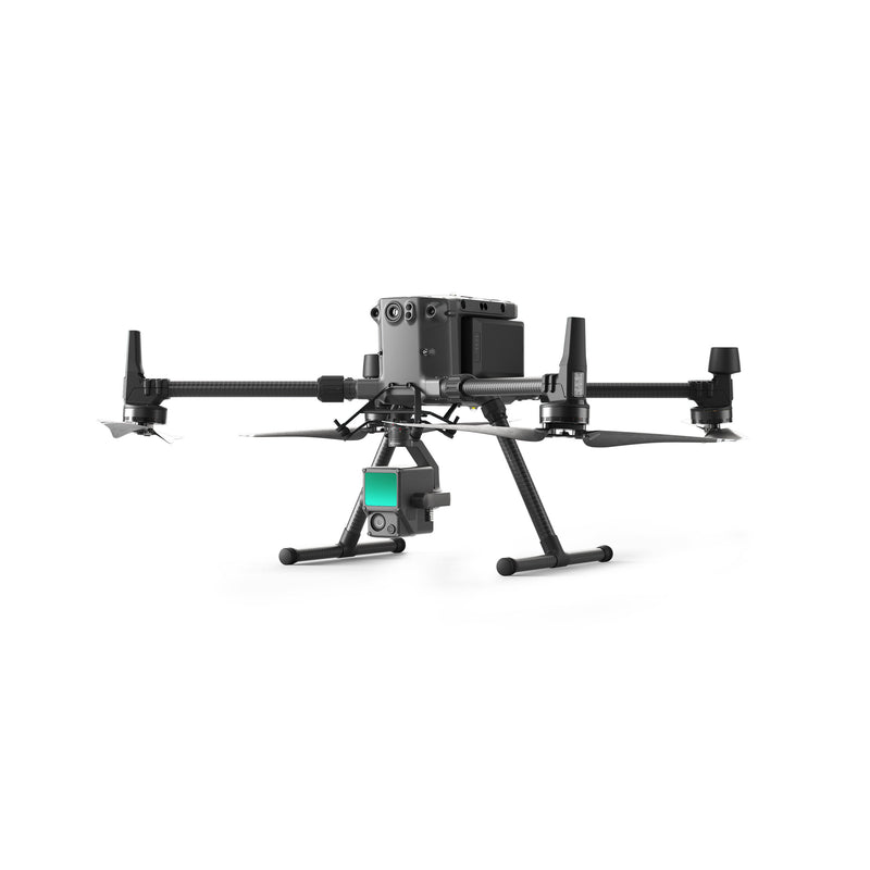Black mapping drone with quad rotors and front camera module on tripod landing gear