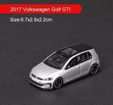 Silver diecast 1:64 model toy car of a 2017 Volkswagen Golf GTI, front 3/4 view