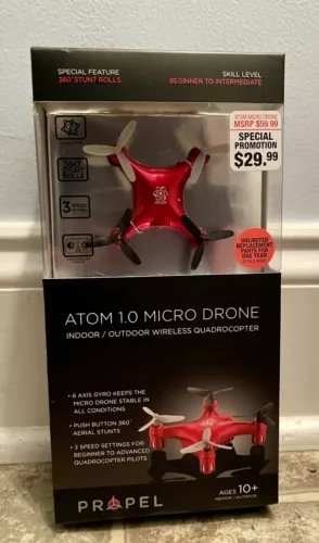 Atom 1.0 micro drone retail box with red quadcopter illustration