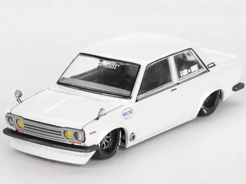 White diecast street car model with black wheels and front grille detail