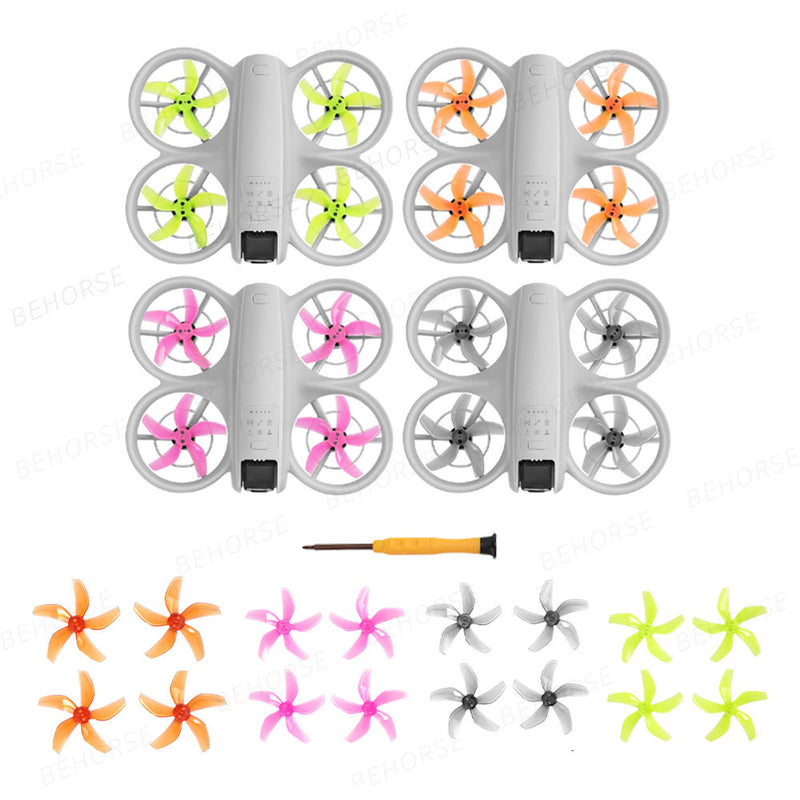 Five-blade drone propeller set, mixed orange, pink, green, and gray blades