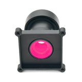 Drone camera lens module with black housing and pink glass lens