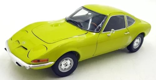 Yellow 1972 Opel GT diecast car, front three-quarter view