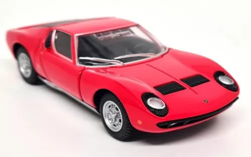 Red diecast model sports car with hood vents, round headlights, and openable parts