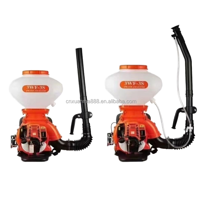 Gas-powered backpack sprayer with orange engine, white tank, and black hose wand