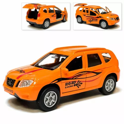 Nissan Terrano diecast model car, orange with black racing stripe and Road Classic decals