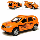 Nissan Terrano diecast model car, orange with black racing stripe and Road Classic decals