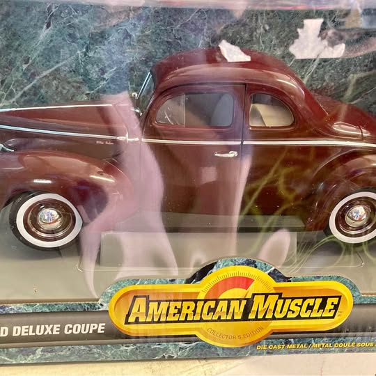 Maroon 40 Ford Deluxe Coupe diecast toy car in box, American Muscle branding