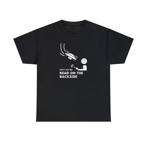 Black unisex cotton T-shirt with front drone-style graphic and text