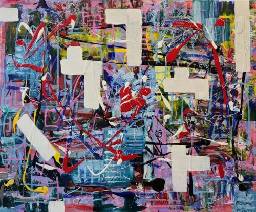 Abstract acrylic painting on canvas with red, blue, and white shapes and blocks