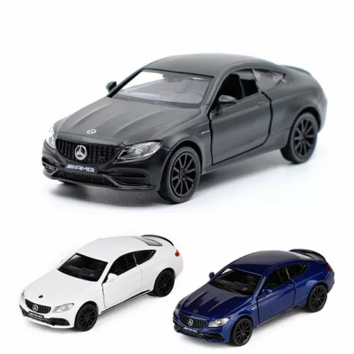 1:36 scale diecast coupe model car, dark gray with detailed grille and AMG badge