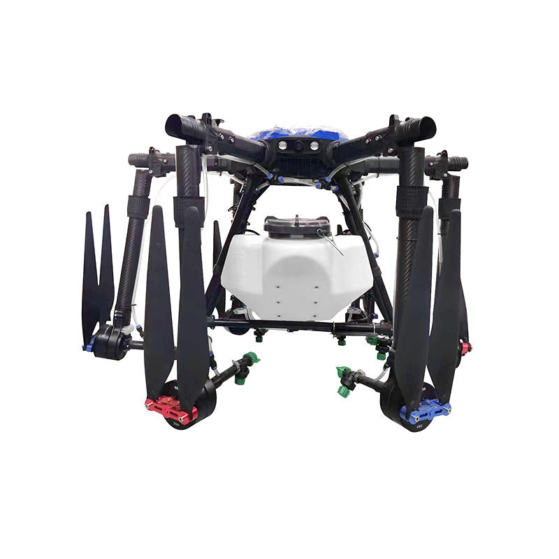 Agricultural spray drone with four arms and front spray tank, landing legs.