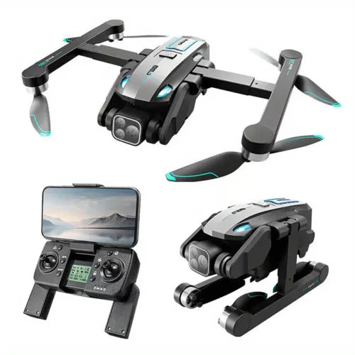Foldable quadcopter drone with dual cameras and fold-out arms, plus controller screen