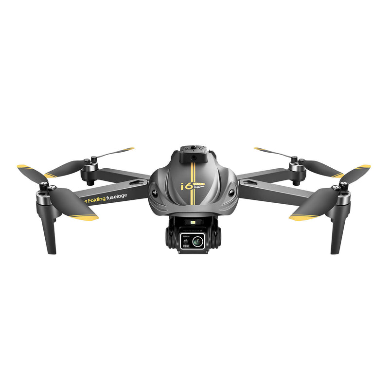 Mini quadcopter drone with 4 rotors and front camera, gray body
