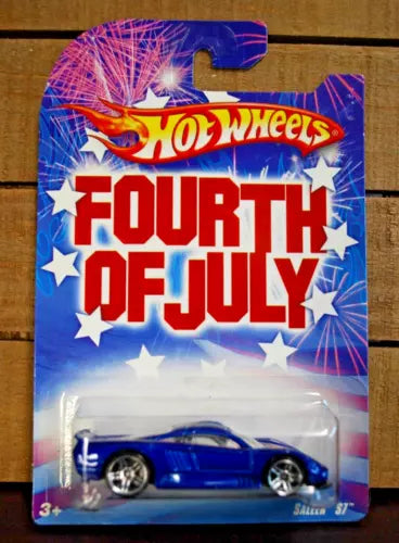 Hot Wheels blue Fourth of July diecast car in blister pack, star-themed graphics